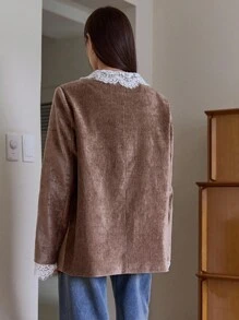 DAZY 女款對比色蕾絲拼接翻領寬鬆休閒西裝外套 商務正裝 西式女裝 - 棕色 - 查看 7