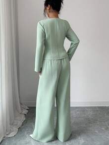Elenzga 女士优雅高端华夫格针织领长袖开衫和阔腿裤两件套 - 綠色 - 查看 2
