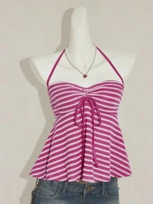 SHEIN ICON Camiseta de tirantes sin espalda acanalada a rayas de punto rosa para mujer en verano - Multicolor - Ver 7
