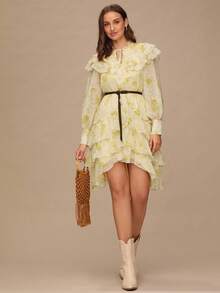Enchnt Romantic And Elegant Cream-Yellow Floral Print Mini Dress With Long Sleeves, A Ruffled Hem, And An Asymmetrical Hem Is Perfect For Autumn And Winter. Sweet And Elegant, It's Suitable For Vacations, Dates, Holidays, Parties, Wedding Guests, The Beach, Dances, And Can Also Be Worn As A Sundress, Autumn Dress, Or Fall Clothing.