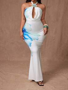Rustia 加大码优雅性感白色蝴蝶花卉 3D 印花低胸露背长款美人鱼连衣裙，适合秋季女性 - 彩色 - 查看 6