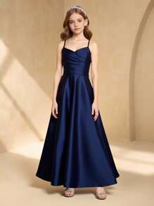 优雅藏蓝色交叉露背吊带连衣裙，适合少女秋冬季穿着 - 藏蓝色 - 查看 1