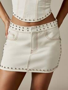 MISSGUIDED 铆钉牛仔迷你裙西部风节日俱乐部服装派对朋克摇滚前卫夏日宣言 - 白色 - 查看 5