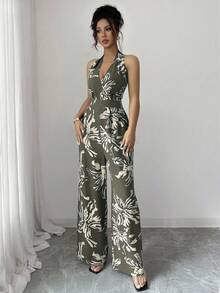 Breezaya 新款优雅高端连体裤，荷叶袖，黑色 - 軍綠色 - 查看 3