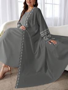 SHEIN Najma Áo choàng Abaya Ả Rập dài tay họa tiết hoa hình học thanh lịch dành cho nữ, mùa xuân/thu - Nhiều màu - Xem 4