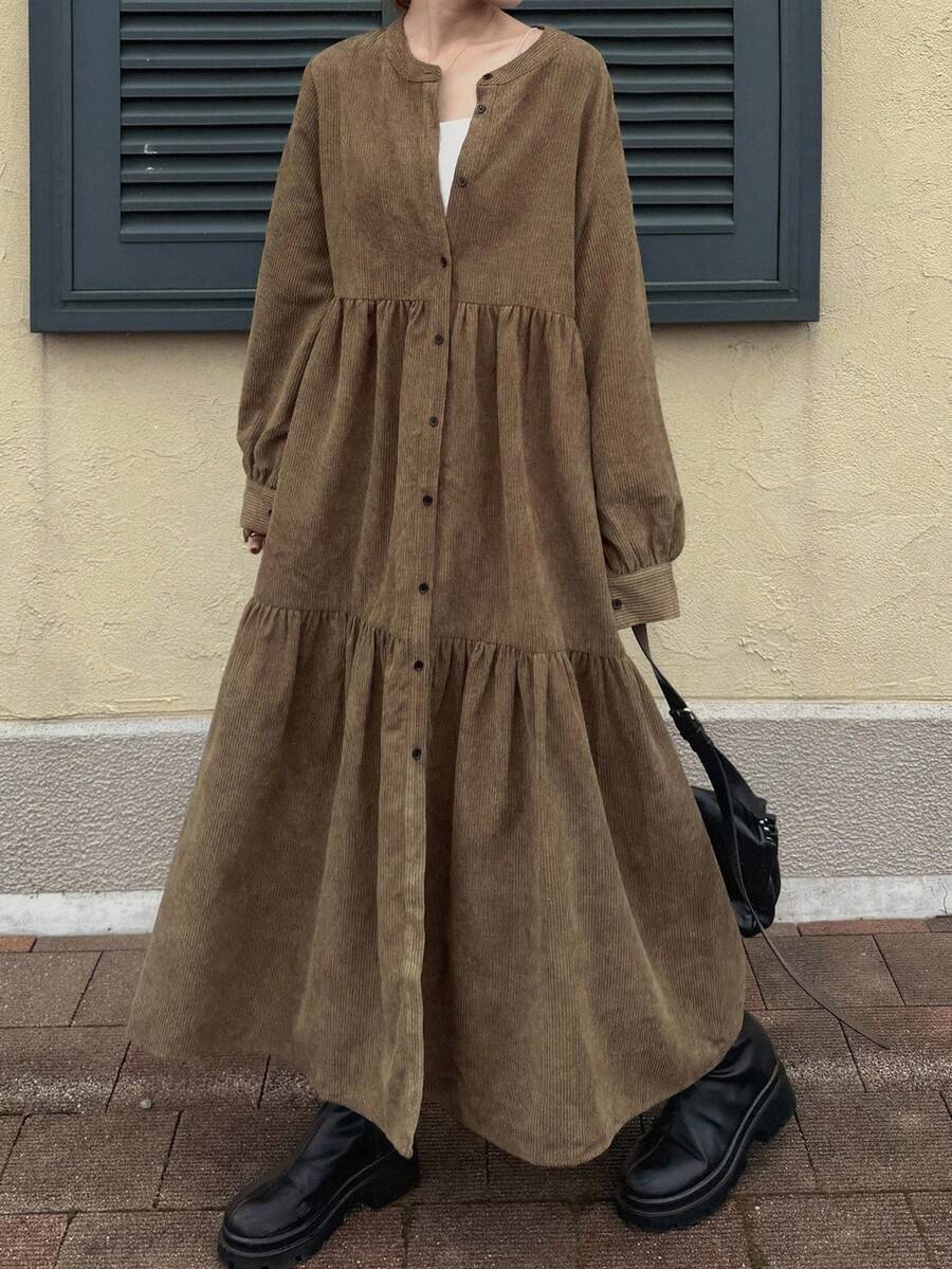 FRIFUL Women's Corduroy Patchwork Loose Hem Casual Long Dress - Khaki - View 1