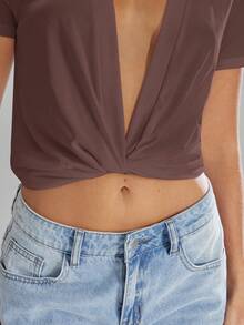 Denimoi Twist Front Plunging Neck Short Sleeve Tee - Brown - View 6