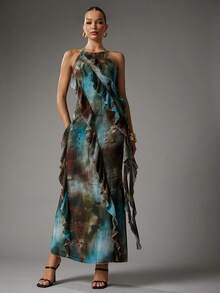 Hauture Women's Sexy Abstract Print Layered Ruffle Hem Maxi Halter Neck Dress For Vacation, Party - Multicolor - View 4