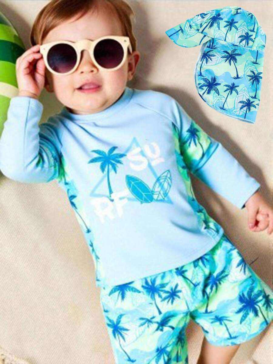 SHEIN 3 件套男童/女童休闲夏季度假椰子树印花长袖短裤搭配遮阳帽泳装，适合春夏季穿着、居家、郊游、旅行、海滩、泳池、派对 - 彩色 - 查看 1
