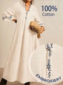 Freevana Plus Size Apricot Casual Four-Layer Dress, 3/4 Sleeves V-Neck Long Cotton Dress, Embroidered Dress, Embroidered Decorative Flared Cuffs, Waist-Length Dress, Date Evening Dress