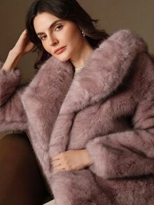 Anewsta 女士优雅时尚狐狸毛领长袖皮草外套，冬季 - 淺粉色 - 查看 12