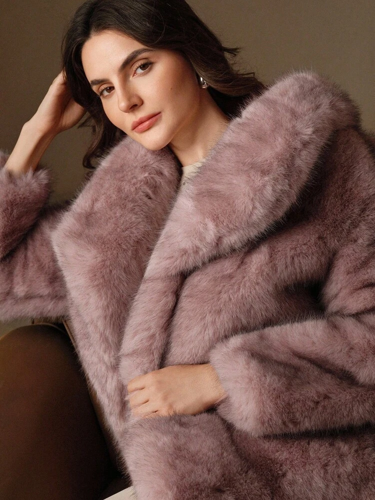 Casaco de Pele com Gola de Raposa Elegante e de Moda Feminina, Manga Longa, Jaqueta de Pele, Inverno