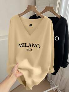 EMERY ROSE 2pcs Plus Size Women's Casual V-Neck Milano English Print Fleece Sweatshirt, Versatile For Autumn/Winter,Fall Clothes For Women