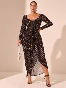 SHEIN BAE Plus Size Autumn And Winter Polka Dot Print Elegant Ruffle Long Sleeve Dress Suitable For Dating, Party, Afternoon Tea - Chocolate Brown - View 1
