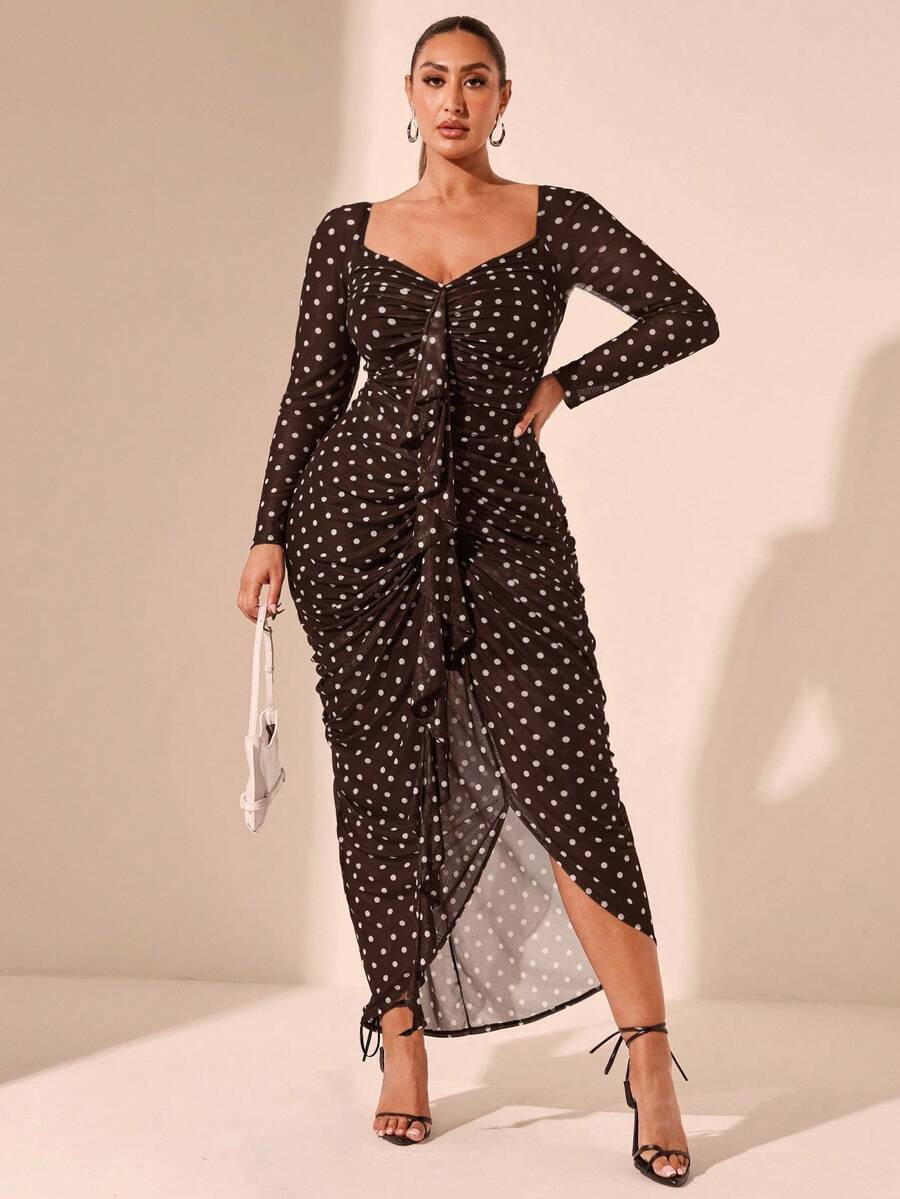 SHEIN BAE Plus Size Autumn And Winter Polka Dot Print Elegant Ruffle Long Sleeve Dress Suitable For Dating, Party, Afternoon Tea - Chocolate Brown - View 1