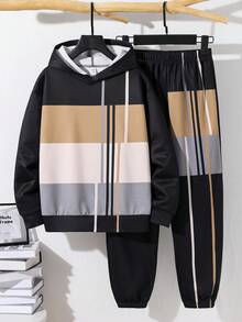 SHEIN 2 件儿童/青少年男童休闲日常舒适拼布撞色印花连帽运动衫和宽松慢跑裤套装 - 彩色 - 查看 9