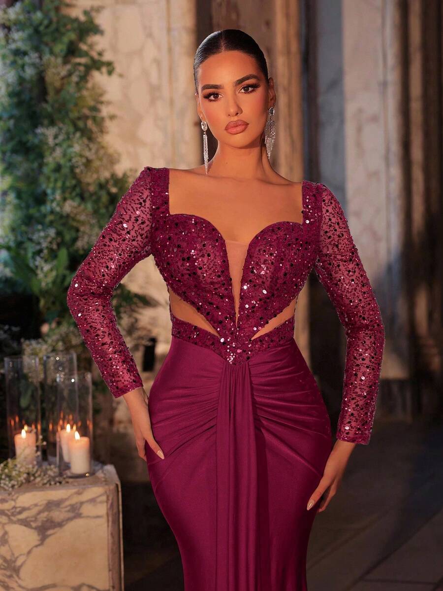 Glamrae Elegante e lussuoso abito in maglia stretch con maniche lunghe in tulle, orlo a sirena arricciato, decorato con paillettes e perline, adatto per matrimoni, feste, vacanze, gala, eventi formali (decorazione pesante)