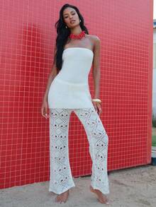 Opulessa Women's Off White Solid Bandeau Top & Hollow-Out Knit Pants 2 Pieces Set,Crochet Summer Casual Vacation Holiday Outfits,Off The Shoulder Wedding Guest - Beige - View 2