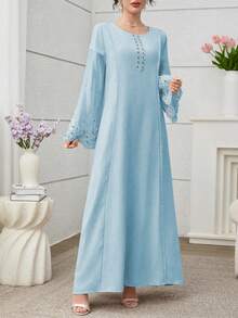 Yasmyna 优雅奢华的拼布设计宽松时尚年轻女士连衣裙 - 藍色 - 查看 6