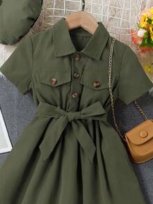 SHEIN Elladie kids 少女風襟翻設計腰帶襯衫裙和裝飾帽（不含包包）