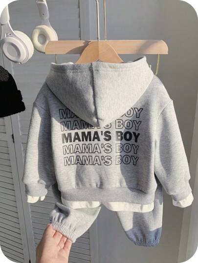 SHEIN 2 件套男婴和女婴宽松连帽衫，带标语字母印花和休闲裤，适合学校、家庭和户外，灰色和白色，秋冬季