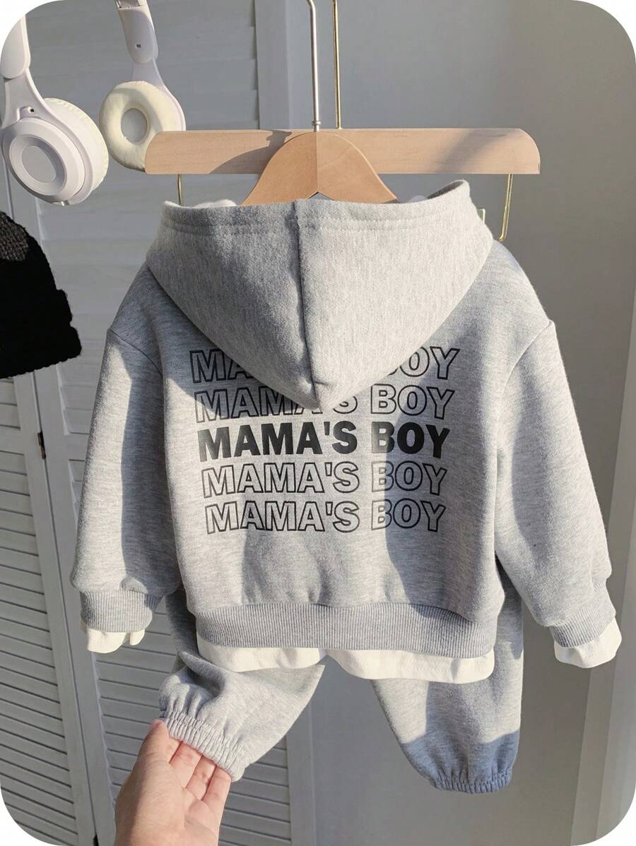 SHEIN 2 件套男婴和女婴宽松连帽衫,带标语字母印花和休闲裤,适合学校、家庭和户外,灰色和白色,秋冬季 - 灰色 - 查看 1