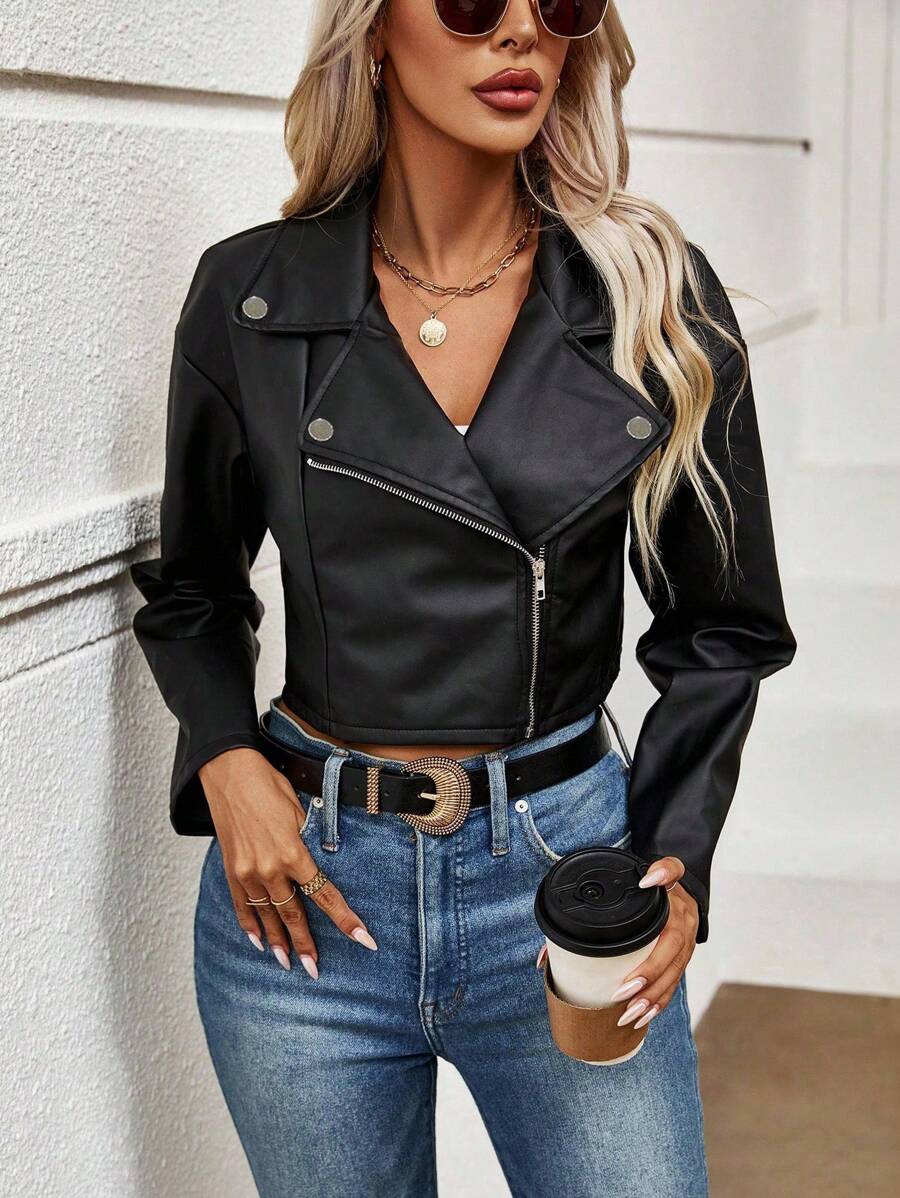 Ellegaria. 拉链短款机车夹克，女士深秋休闲拉链落肩翻领常规版型黑色纯色女士夹克，休闲日常穿着 - 黑色 - 查看 1