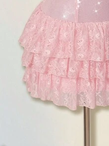 SHEIN ICON 女士心形镂空水钻闪亮 Y2K 性感前卫网眼拼布 A 字下摆连衣裙，性感迷人 - 粉色 - 查看 7