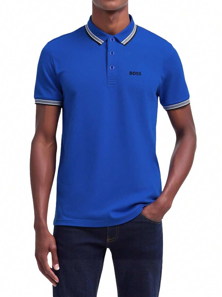 Hugo Boss 男士条纹短袖休闲 Polo 衫 - 424 中藍色 - 查看 1