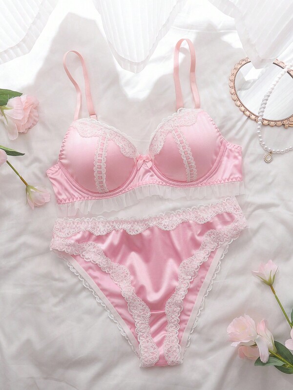 Set de 2 piezas Sujetador acolchado con posavasos, parche de encaje, ribete de volantes, conjunto de lencería dulce y lindo para mujer, color rosa