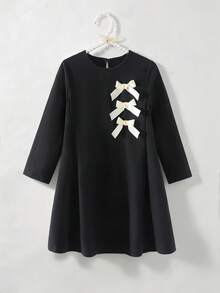 Robe courte ajustée à manches longues raglan, col rond, design nœud, style minimaliste décontracté pour tous les jours. Robe de rentrée scolaire, pour toutes les saisons - Noir - Voir 3