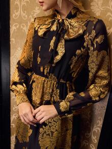 MOTF PREMIUM Váy cổ thắt nơ Jacquard - Màu nâu  Mocha - Xem 3