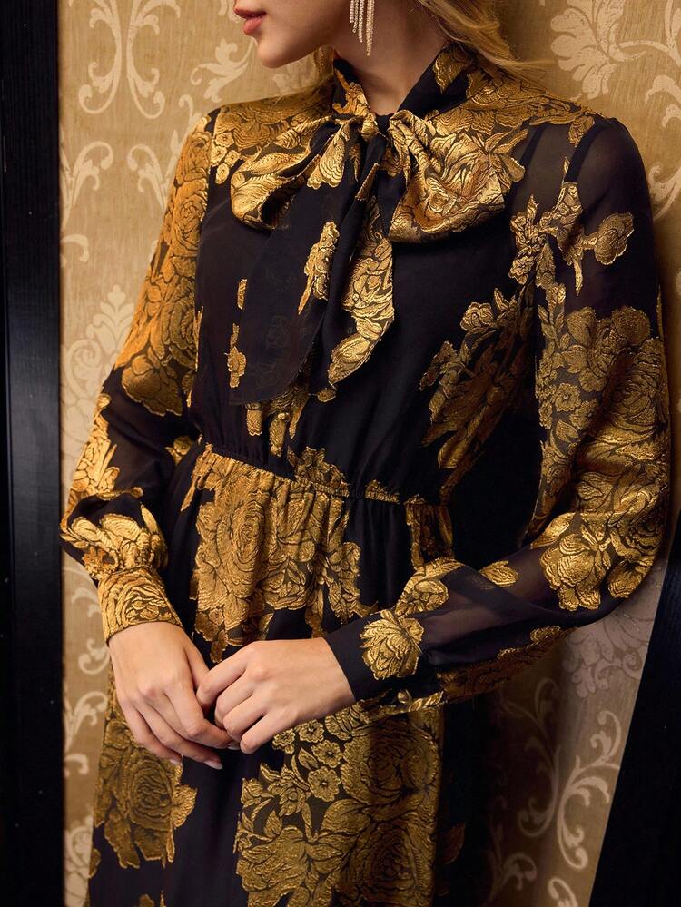 JACQUARD TIE NECK DRESS