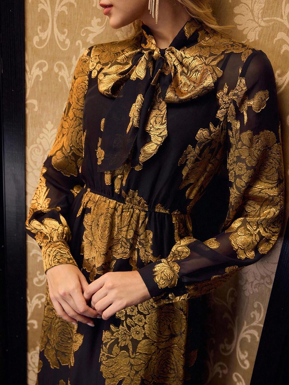 JACQUARD TIE NECK DRESS