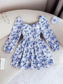 Tween Girls White And Blue Floral Dress,Elegant Autumn Tea Party Sweetheart Neck Puff Long Sleeve Ruffle Hem Sun Dresses For Vacation,Holiday,Boho - Blue and White - View 1