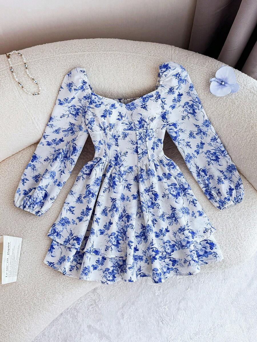 Tween Girls White And Blue Floral Dress,Elegant Autumn Tea Party Sweetheart Neck Puff Long Sleeve Ruffle Hem Sun Dresses For Vacation,Holiday,Boho - Blue and White - View 1