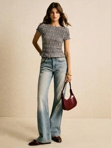 Poéselle Women's Striped Round Neck Short Sleeve Ruffle Hem Fashionable Blouse - Coffee Brown - View 2