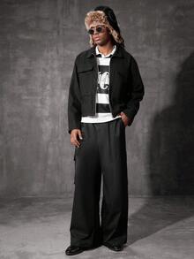 PAVTROS Manfinity Streetrush 男士短款夹克，配有 2 个大胸袋和翻领，秋季，复古风格 - 黑色 - 查看 3