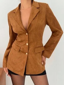 SHEIN EZwear Women's Autumn New Brown Suede Blazer Jacket, Waist Cinched, Vintage Style - Brown - View 4