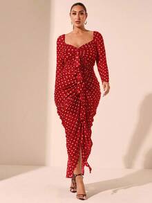 SHEIN BAE 大码秋冬波尔卡圆点印花优雅荷叶边长袖连衣裙适合约会、派对、下午茶 - 紅色 - 查看 6