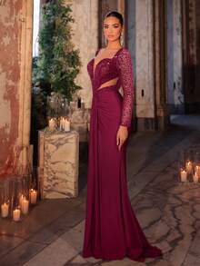 Glamrae Elegante e lussuoso abito in maglia stretch con maniche lunghe in tulle, orlo a sirena arricciato, decorato con paillettes e perline, adatto per matrimoni, feste, vacanze, gala, eventi formali (decorazione pesante)