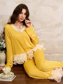Côtesoire French Retro Elegant Yellow V-Neck Layered Ruffle Hem Women Pajama Set Yellow Pajama Set Women Women Yellow Pajamas Yellow Pajama Set With Ruffle Trim Yellow Two Pieces Pajama Set For Women Women Yellow Lounge Pajama Set, Fall Clothes - Yellow - View 7