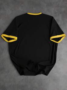 Manfinity Homme Camiseta de parchwork para hombre Manfinity Hypemode, con estampado de elementos y letras de fútbol de Brasil en verde y amarillo, diseño de parchwork de colores contrastantes de manga corta - Negro - Ver 3