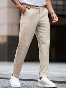 Manfinity Bizformal Calça formal social masculina de cor sólida com caimento afunilado, com visual geral em cor bege clássica, elegante e versátil, transmitindo uma postura de negócios firme e digna. Adequada para o trajeto diário, negócios, festas e banquetes. Essa calça é um item versátil e indispensável no guarda-roupa de um homem, e um excelente presente para namorados ou maridos. - Damasco - Visão 5