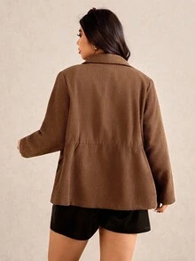 SHEIN Frenchy Plus Flap Pocket Drawstring Waist Jacket,Barnfit,Barn Winter Fall Autumn - Coffee Brown - View 2