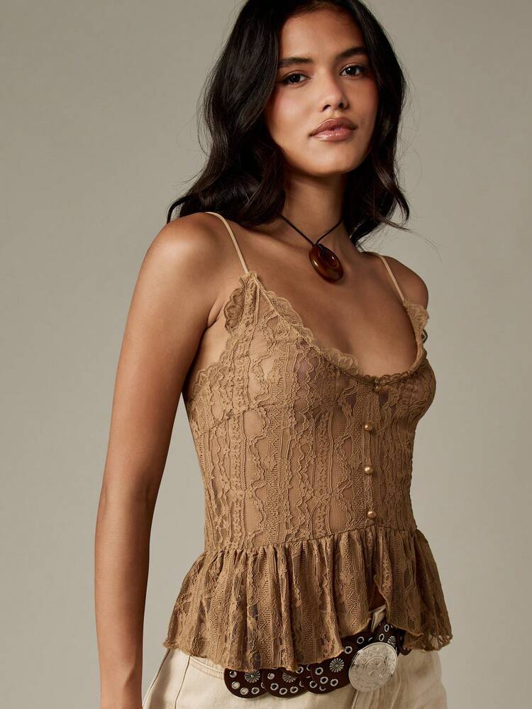 MISSGUIDED Vintage Inspired Lace Corset Cami Top With Peplum Frill Trim Button Front Bustier Style Sweetheart Neckline Evening Party Boho Festival Summer Wear