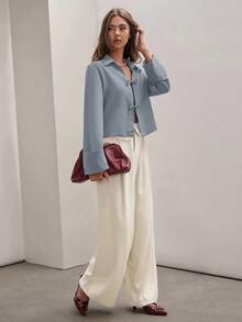 COSMINA Women's Plain Khaki Front Tie Long Sleeve Minimalist Business Casual Work Shirt, Casual Daily Wear FAll - Baby Blue - View 4
