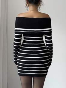 SHEIN Clasi 1 件女士黑白条纹露肩修身毛衣裙 - 黑與白 - 查看 2