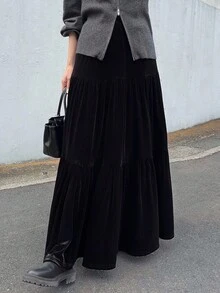 FRIFUL 女式弹性腰部天鹅绒A字长裙 - 黑色 - 查看 2
