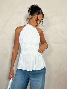 SHEIN BAE ملابس علوية قصير مكشوف الظهر للصيف والعطلات، ملابس علوية مجعد جذاب للمواعدة، ملابس علوية هالتر للنساء للصيف/الربيع/عيد الحب/الكرنفال/عطلة الشاطئ - أبيض - مشاهدة 4